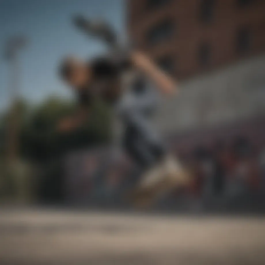 A skateboarder executing a complex freestyle trick