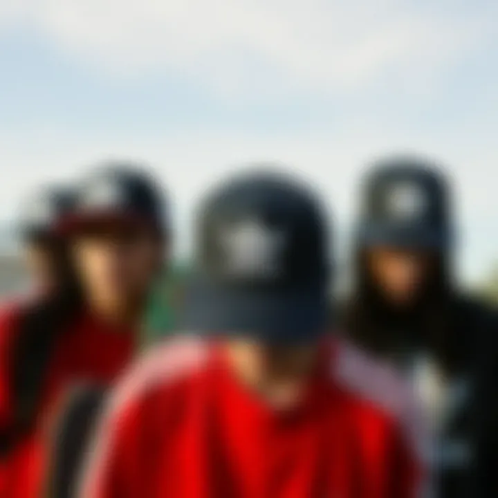 A group of skateboarders wearing Adidas caps, illustrating their cultural significance in skateboarding.