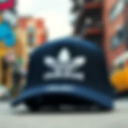 A stylish Adidas cap displayed against a vibrant urban backdrop, highlighting its modern design.