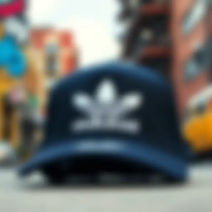 A stylish Adidas cap displayed against a vibrant urban backdrop, highlighting its modern design.