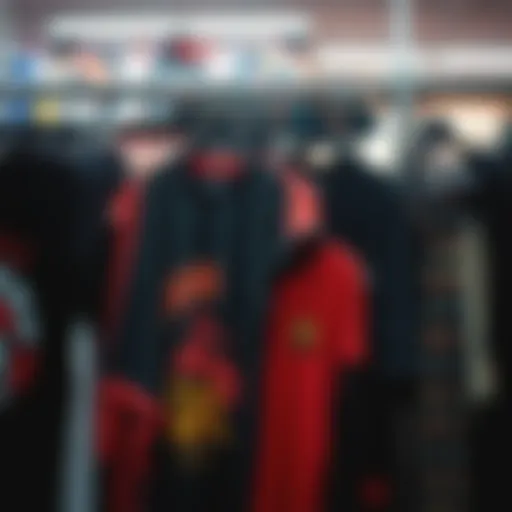 Grunge-inspired skateboarding apparel displayed on a rack