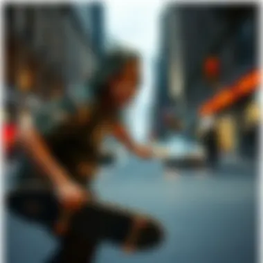 Dynamic skateboarder showcasing Herschel camouflage gear on the streets