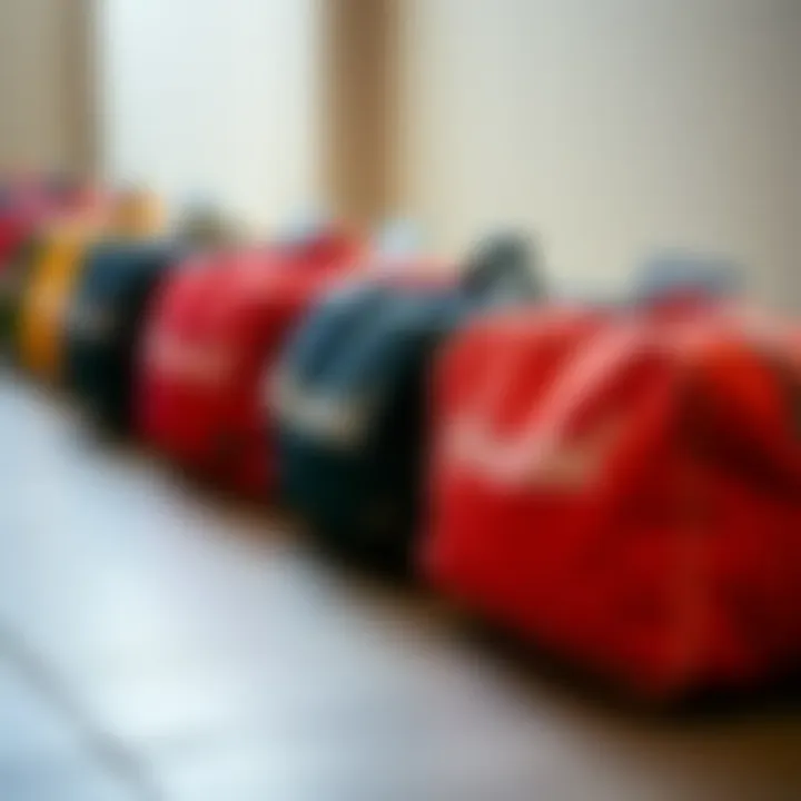 Different color options of the Herschel gym bag laid out for selection