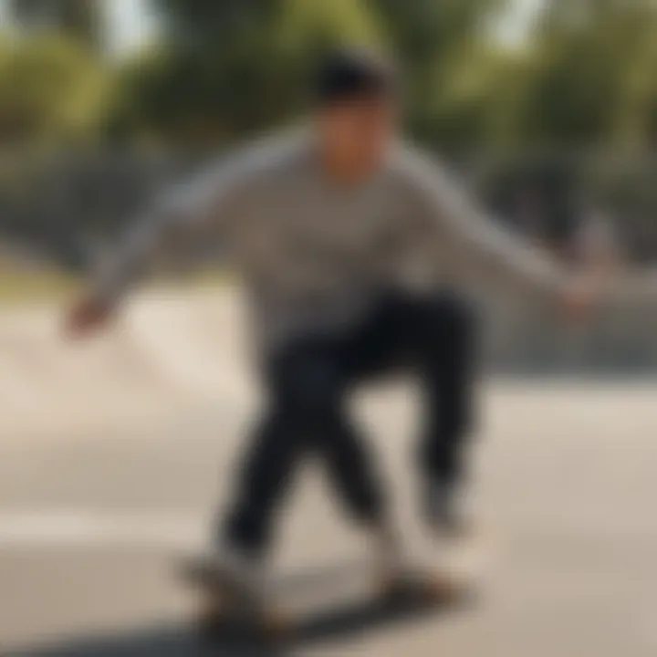 Skateboarder wearing HUF long sleeve T-shirt in action