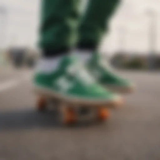 Stylish green sneakers on a skateboard