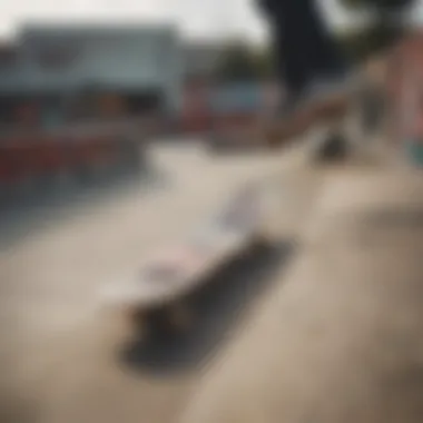 An artistic view of a skate park with merchandise branding