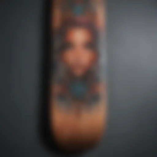 A vibrant skateboard deck showcasing unique graphic designs