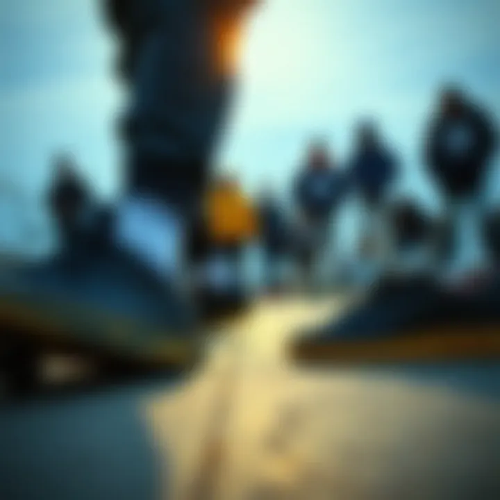 Skateboarding scene with diverse Adidas shoes