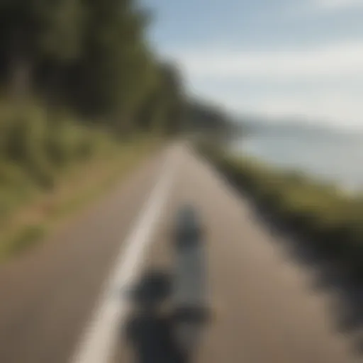 A scenic view of longboarders riding along a coastal path in Canada