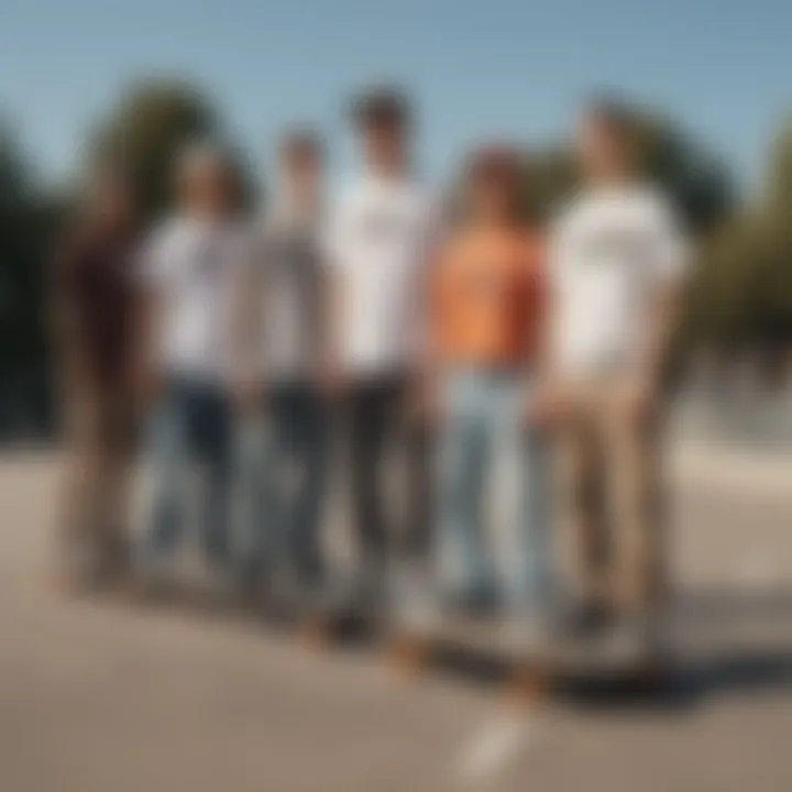 A group of skaters in diverse loose fit pant styles, representing community identity.