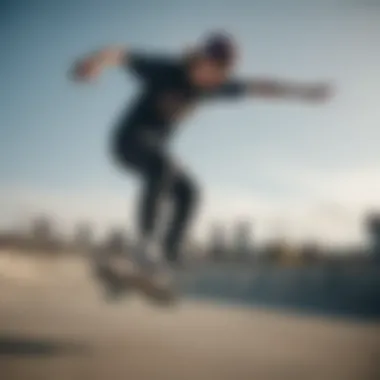 Skateboarder performing tricks while wearing loose fit pants.