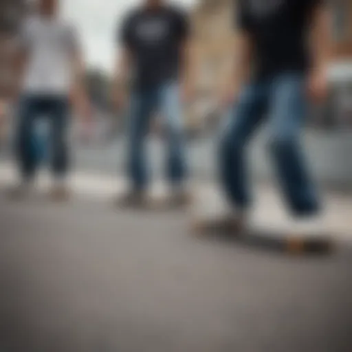 Dynamic shot of skateboarders showcasing loose fit skate jeans in action