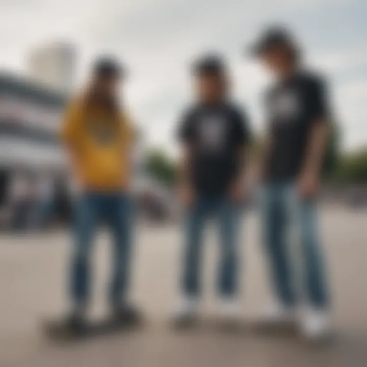 Group of skaters discussing style and culture, wearing loose fit skate jeans