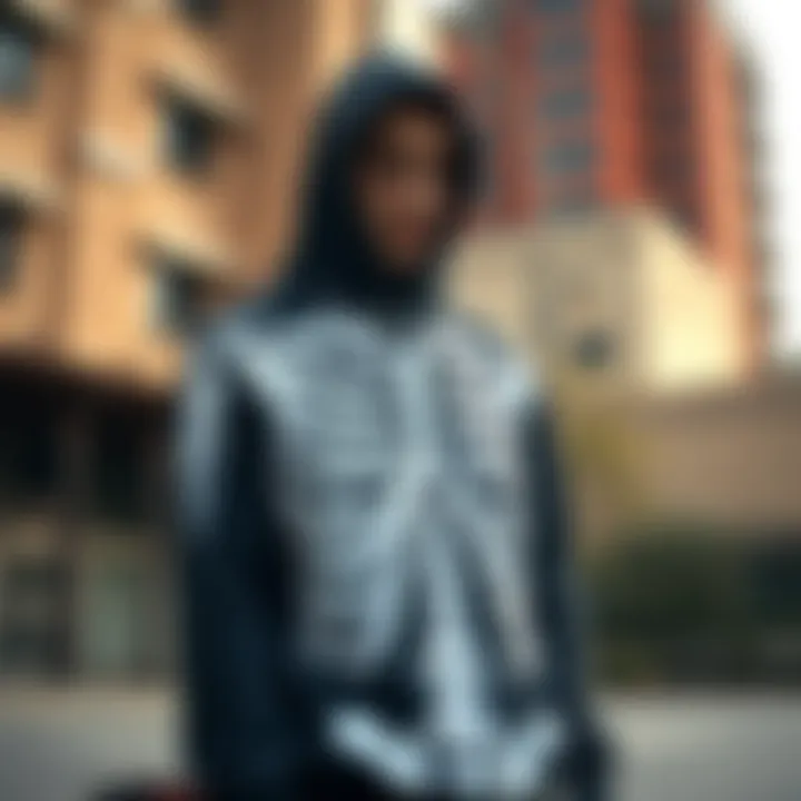 A skateboarder wearing an LRG skeleton hoodie in an urban setting