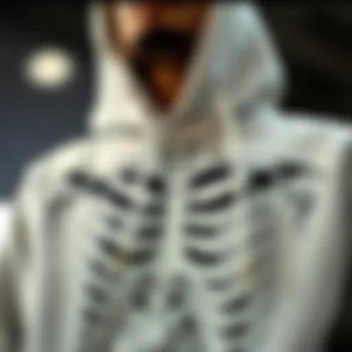 A close-up of the intricate skeleton design on an LRG hoodie