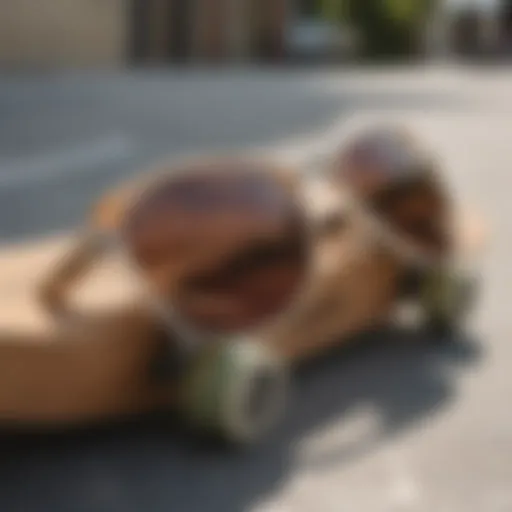 A close-up of luxurious sunglasses resting on a skateboard deck