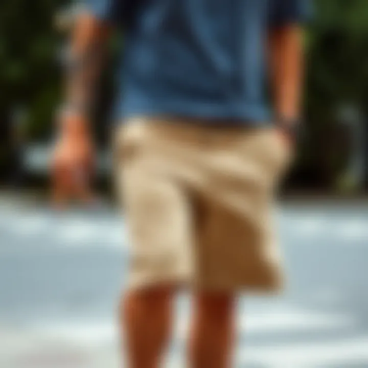 Skater showcasing different styles of chino khaki shorts