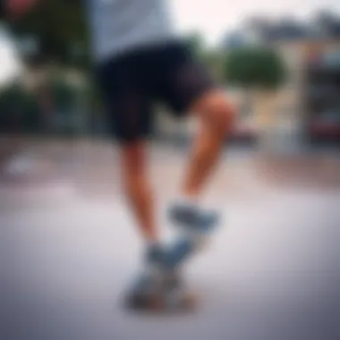 A skateboarder wearing mesh shorts in an urban skate park setting.