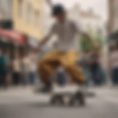 Skateboarder showcasing oversized pants during a trick