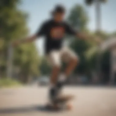 A casual skateboarding scene with individuals wearing screen tees