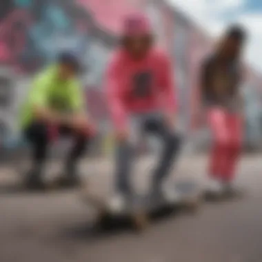 Group of skateboarders wearing neon outfits amidst colorful graffiti