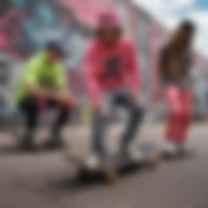 Group of skateboarders wearing neon outfits amidst colorful graffiti