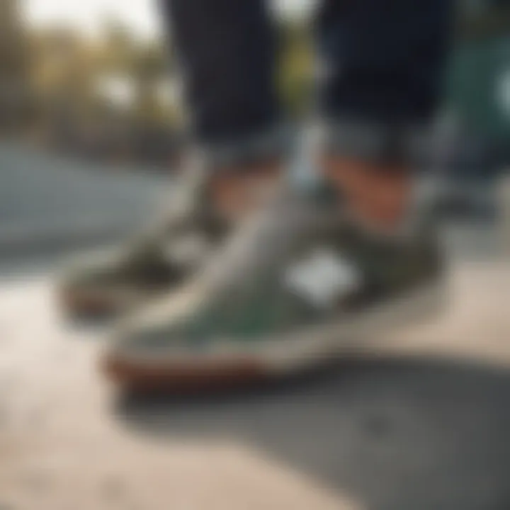 New Balance camo shoes worn in an urban skatepark environment