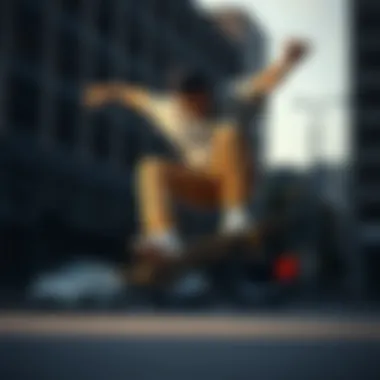 Skateboarder performing tricks with nickel board trucks in an urban setting