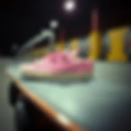 Vibrant pink Nike Blazer sneakers on a skateboard