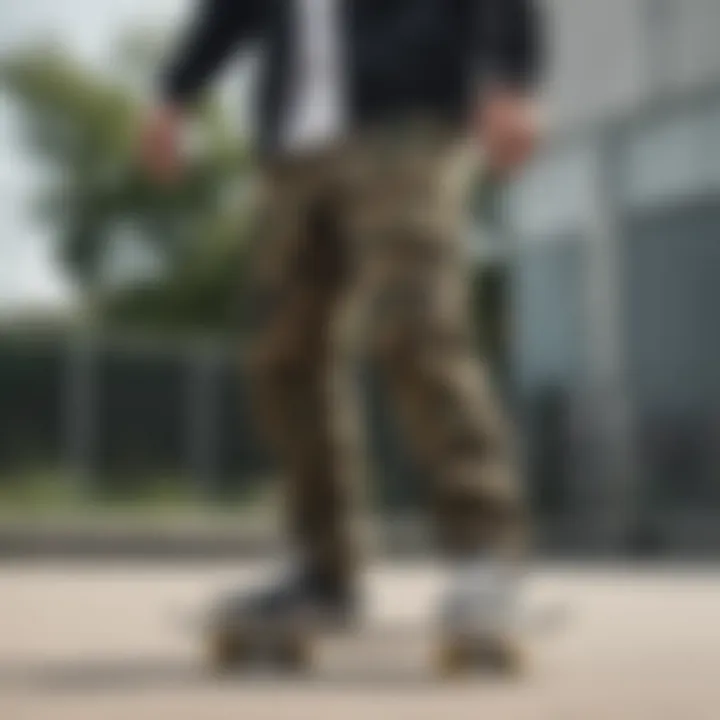 Skater demonstrating the style of Nike SB camo pants in action