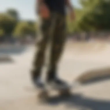 Group of skaters wearing Nike SB camo pants in a skate park