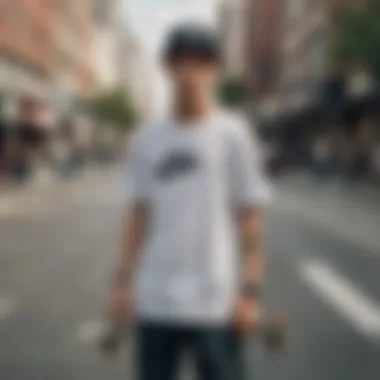 Skateboarder wearing Nike T-shirt with collar in urban setting