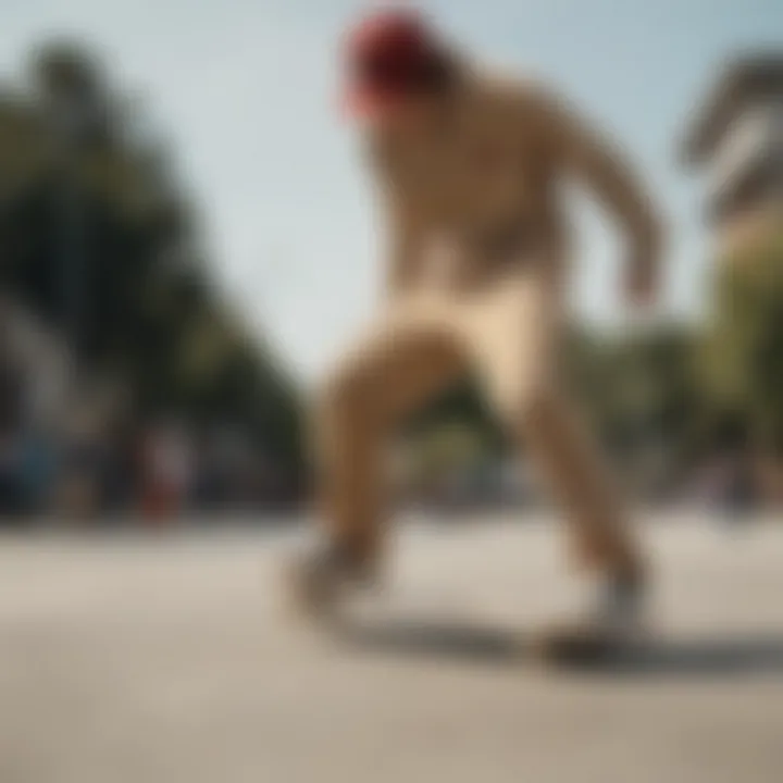 Skater in off white corduroy pants performing a trick