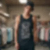 Stylish tank tops displayed in a trendy skate shop setting