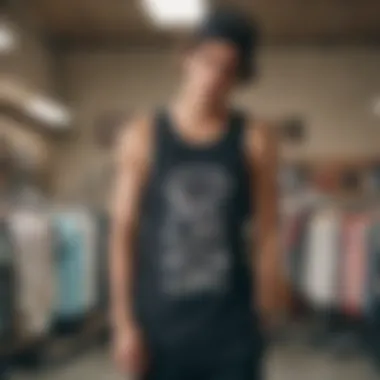 Stylish tank tops displayed in a trendy skate shop setting