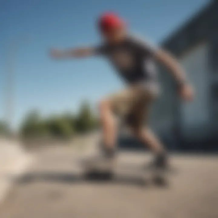 Skateboarder wearing printed sweat shorts in action