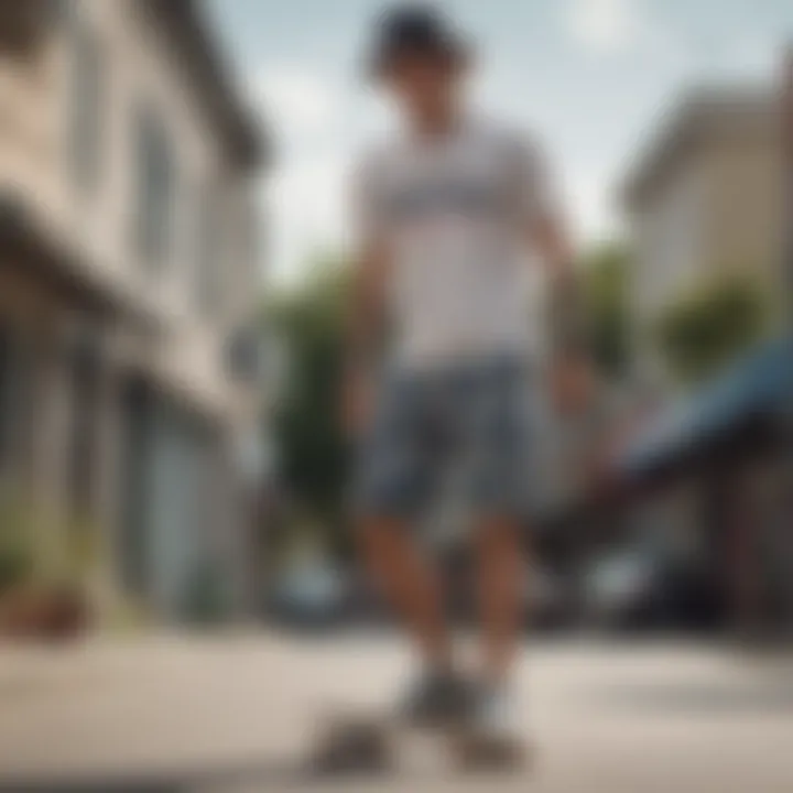 Skateboarder wearing stylish printed sweat shorts