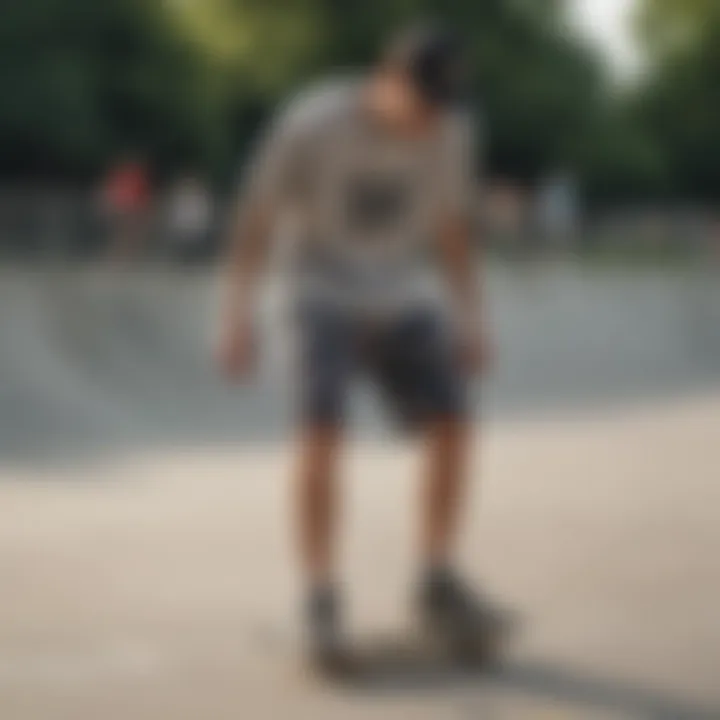 Trendy skatepark scene featuring skateboarders in printed sweat shorts