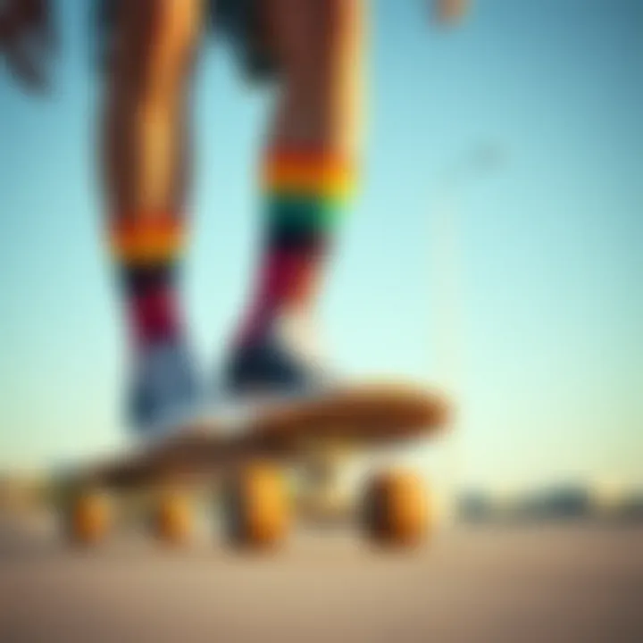 Skateboarder wearing colorful psockadelic socks in action