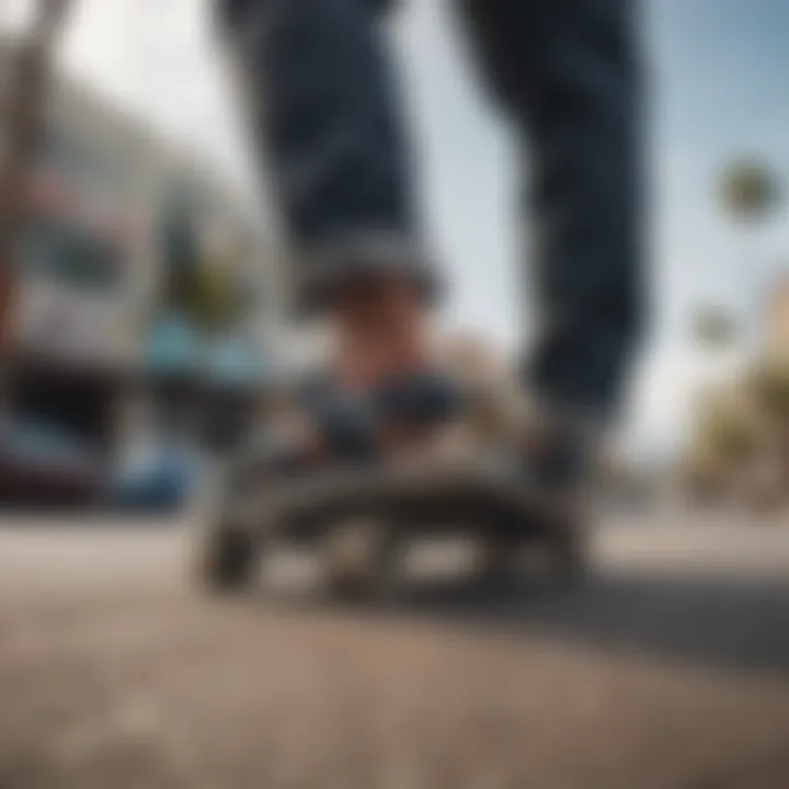 Skateboarder wearing reef plastic sandals in an urban setting