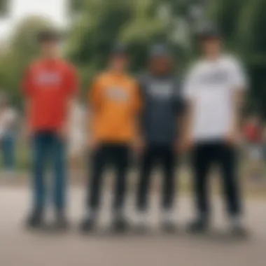 A group of skateboarders in a park wearing Russell Clothing, emphasizing community