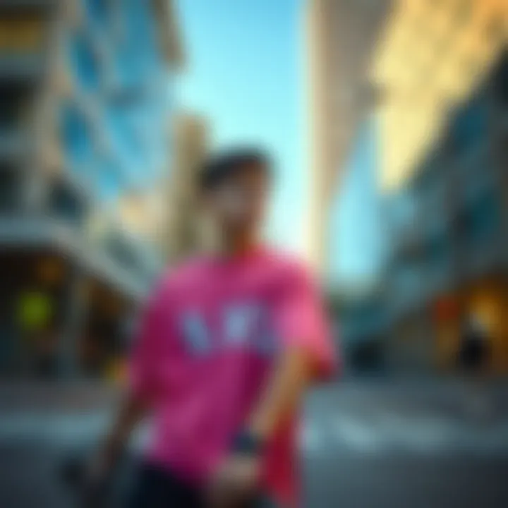 Skateboarder wearing RVCA pink shirt in an urban setting