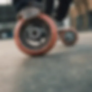 Close-Up of Skateboard Wheels Close-up of skateboard wheels navigating the surface of the skatepark.