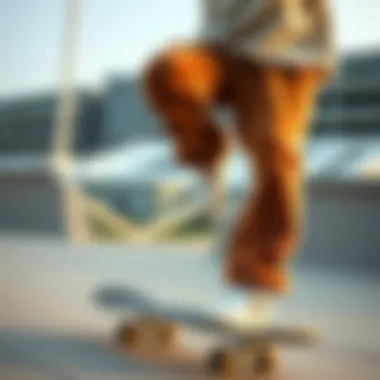 Athlete wearing sherpa sweatpants on a skateboard