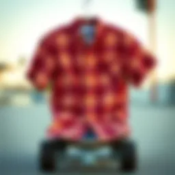 Stylish short sleeve button-up shirt displayed on a skateboard