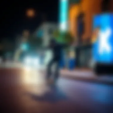 Skateboarder using Shredlights in an urban setting