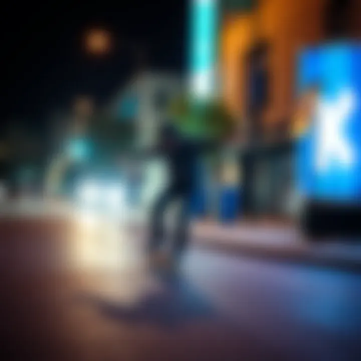 Skateboarder using Shredlights in an urban setting