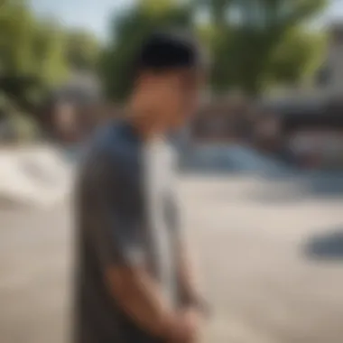 Stylish individual wearing a curved bill snapback hat in an urban skate park.