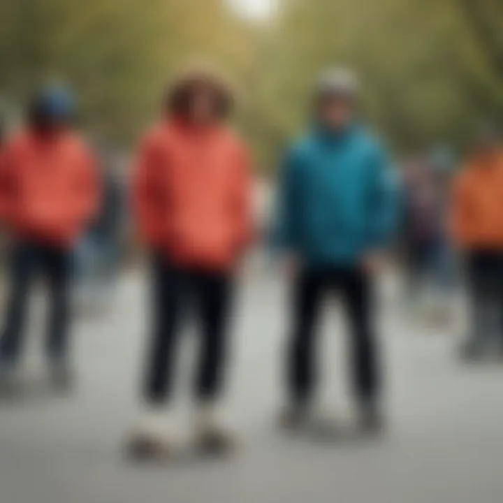 Group of skateboarders showcasing their unique windbreaker styles.