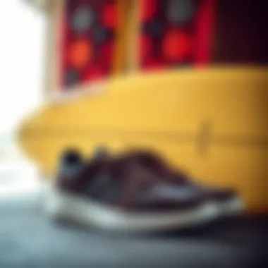Stylish surf skate shoes displayed against a vibrant surfboard.